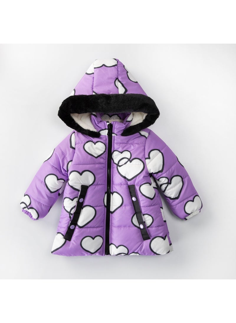 Podium Giyim - Podium Clothing Special Design Cute Heart Printed Fur Lined Soft Fabric Pocket Hooded Winter Coat - Image 1