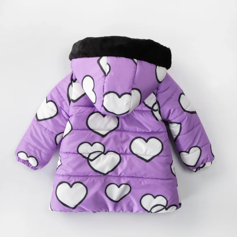 بوديوم جييم Podium Clothing Special Design Cute Heart Printed Fur Lined Soft Fabric Pocket Hooded Winter Coat