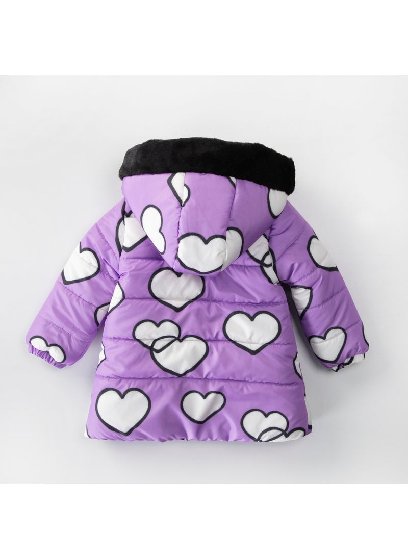 Podium Giyim - Podium Clothing Special Design Cute Heart Printed Fur Lined Soft Fabric Pocket Hooded Winter Coat - Image 1