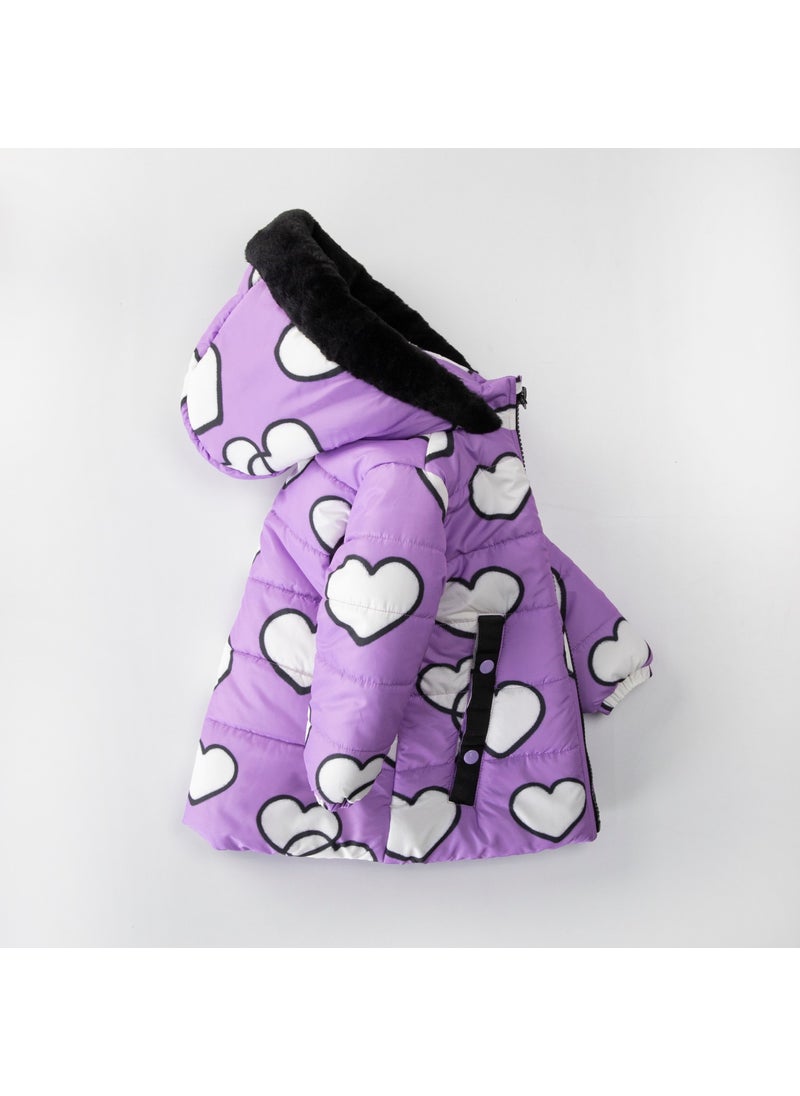 Podium Giyim - Podium Clothing Special Design Cute Heart Printed Fur Lined Soft Fabric Pocket Hooded Winter Coat - Image 1
