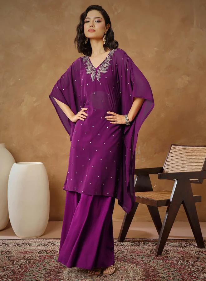 Sassafras Purple Embroidered Kaftan and Wide Leg Pants Set