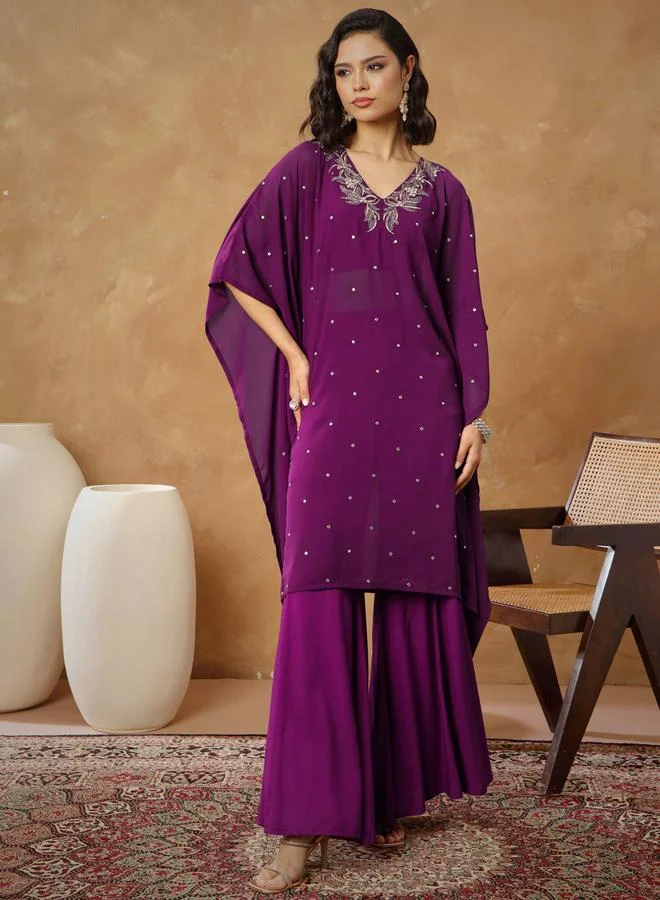 Sassafras Purple Embroidered Kaftan and Wide Leg Pants Set