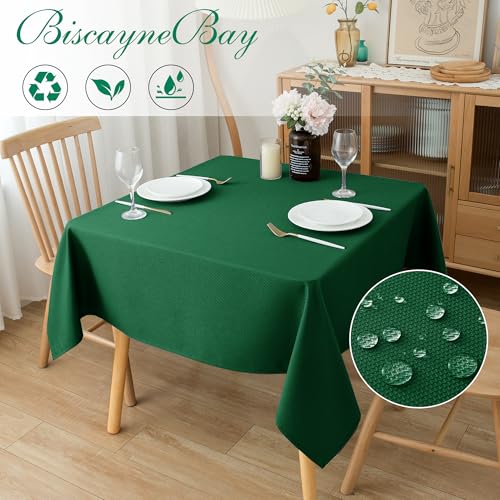Biscaynebay Textured Fabric Christmas Square Table Cloth 70x70 Inch, Hunter Green Water Resistant Tablecloths for Dining, Kitchen, Wedding and Parties etc. Machine Washable - Image 2