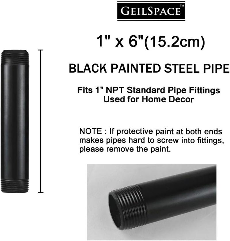GeilSpace 1" × 6" Pre-Cut Black Metal Pipe, Industrial Steel Fits Standard One Inch Threaded Pipes and Fittings - Vintage DIY Industrial Shelving (1" × 6", Black) - Image 2