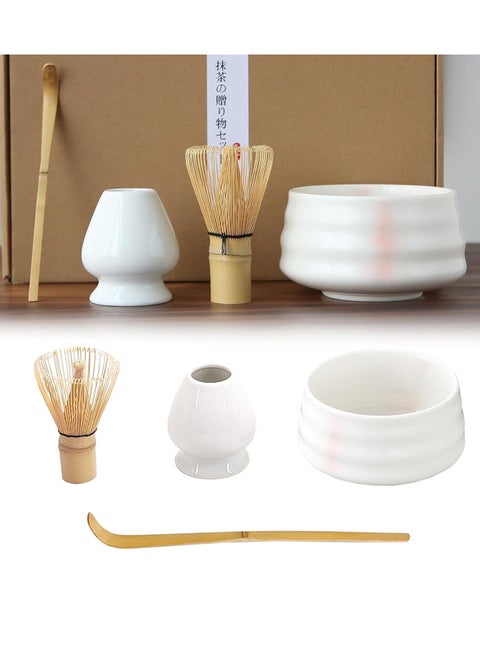 4 Piece Matcha Tea Set Matcha Whisk Kit Matcha Ceramic Bowl Matcha Whisk, White Whisk Holder Traditional Scoop Perfect Set to a Traditional of Matcha Tool (Pink and White)