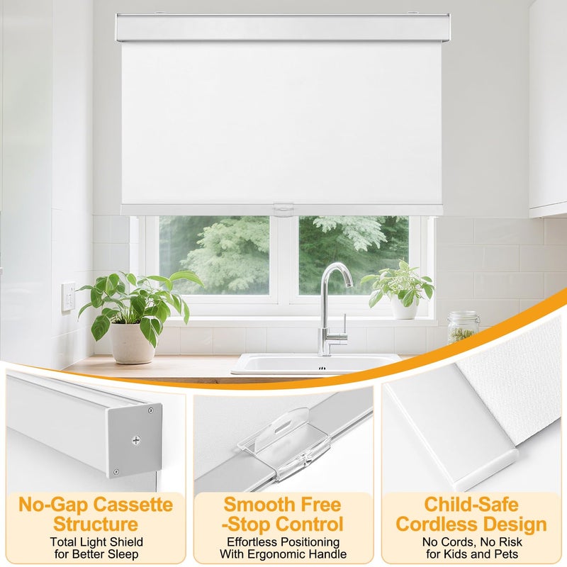 Hidpriva Cordless Blackout Roller Shades for Windows & Doors, Free-Stop Shades with Valance, UV Protection, Thermal Insulated Window Blinds for Home, Bedroom, Office, White, 20" W x 72" H - Image 2