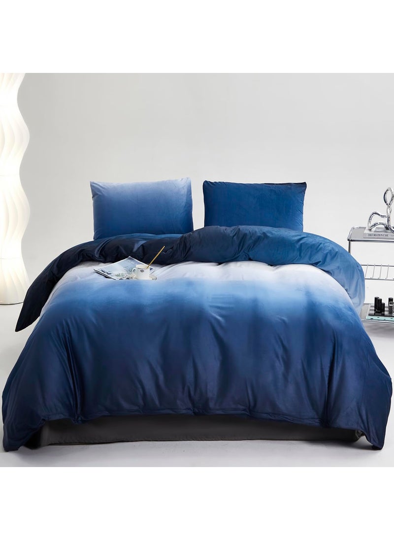 KAREVER KAREVER Blue White Gradient Comforter Set King Blue Velvet Bedding Comforter Modern Plain White and Royal Blue Gradient Soft Quilt Farmhouse Flannel Comforter Warm King Bed Comforter  - Image 1
