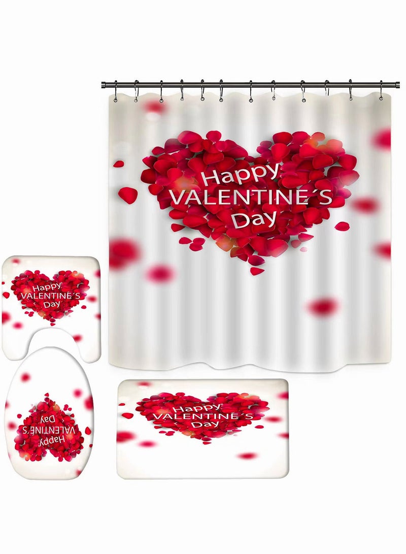 4-Pieces/Set Bathroom Household Supplies,Happy Valentine's Day Pattern Bathroom Suit,Shower Curtain/Pedestal Rug/Toilet Lid Cover/Bath Mat Decor Set - Image 1