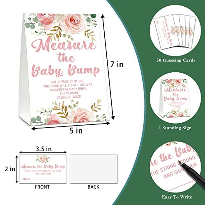 Gihyan Baby Shower Game Set, Measure The Baby Bump(1 Standing Sign + 50 Find Cards), Floral How Big is Mommy's Belly Party Game, Blush Pink Baby Shower/Gender Reveal Party Favor Decor(A02) - Image 2