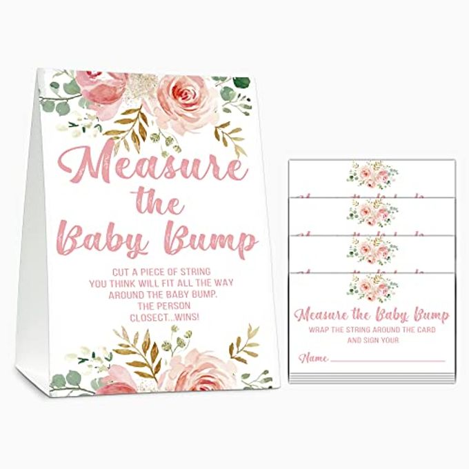 Gihyan Baby Shower Game Set, Measure The Baby Bump(1 Standing Sign + 50 Find Cards), Floral How Big is Mommy's Belly Party Game, Blush Pink Baby Shower/Gender Reveal Party Favor Decor(A02) - Image 1
