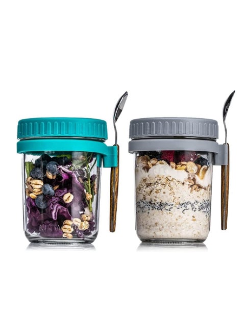 Overnight Oats Container with Lid and Spoon, 2PCS 350ml Overnight Oats Jars, Breakfast Container, Cereal, Milk, Vegetable and Fruit Salad Storage Container with Measurement Marks (Grey+Green)
