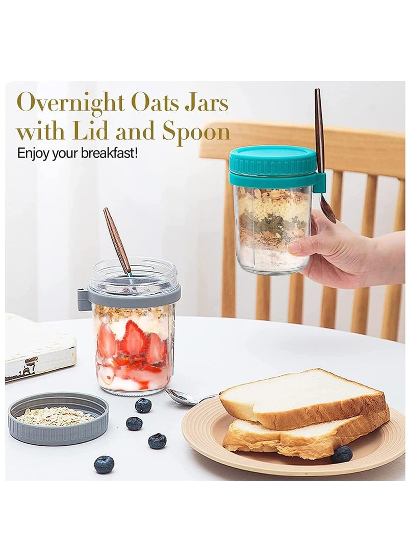 Overnight Oats Container with Lid and Spoon, 2PCS 350ml Overnight Oats Jars, Breakfast Container, Cereal, Milk, Vegetable and Fruit Salad Storage Container with Measurement Marks (Grey+Green)