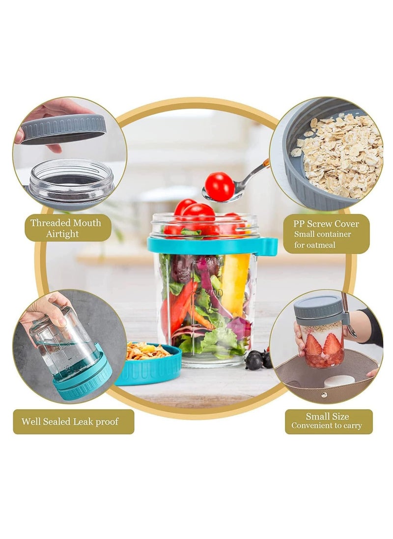 Overnight Oats Container with Lid and Spoon, 2PCS 350ml Overnight Oats Jars, Breakfast Container, Cereal, Milk, Vegetable and Fruit Salad Storage Container with Measurement Marks (Grey+Green)