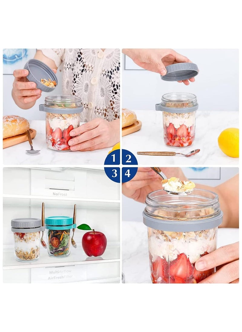 Overnight Oats Container with Lid and Spoon, 2PCS 350ml Overnight Oats Jars, Breakfast Container, Cereal, Milk, Vegetable and Fruit Salad Storage Container with Measurement Marks (Grey+Green)