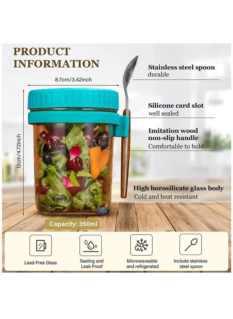 Overnight Oats Container with Lid and Spoon, 2PCS 350ml Overnight Oats Jars, Breakfast Container, Cereal, Milk, Vegetable and Fruit Salad Storage Container with Measurement Marks (Grey+Green)