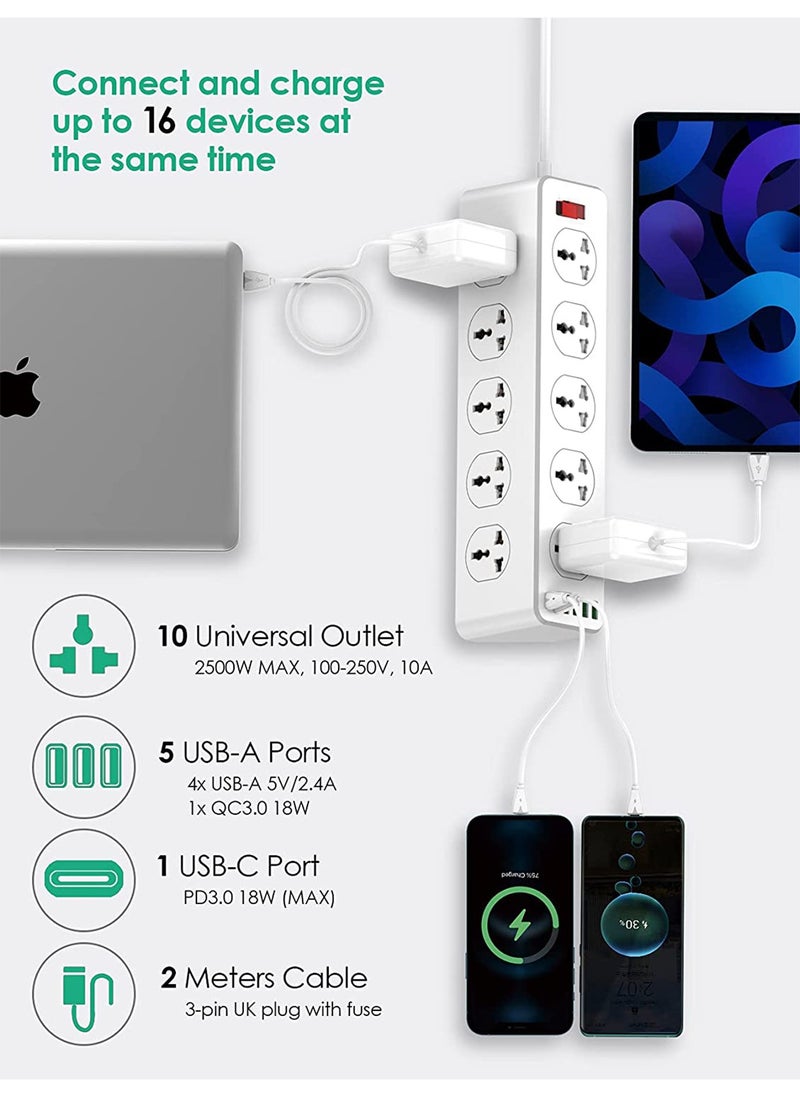 بيجانت - وصلة مشترك كهربائي ب 10 مخارج و 6 منافذ USB و منفذ USB C و سلك بطول 2 متر - Image 1
