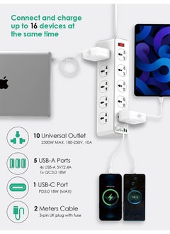 PEGANT 10 Way 2M 6 USB Power Extension Cord with Surge Protector, 10 universal outlets, 5 USB-A, 1  USB-C, 2 Meters cable  - Image 2