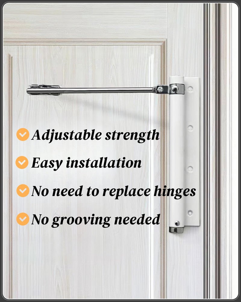 Bellairis Automatic Door Closer for Lightweight Doors <100 lbs | 150Â° Angle Spring Self Closing Hinges | Adjustable Catch Speed | Stainless Steel Soft Close Auto Top Latches | with Arm, Screw, Wrench | White - Image 2