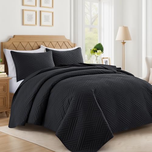 Lavsiry Black Quilt Queen Size with Striped Pattern, Lightweight Soft Summer Thin Microfiber Bedspread & Coverlet Bedding Set for All Seasons - 3 Piece(1 Quilt, 2 Pillow Shams) - Image 1