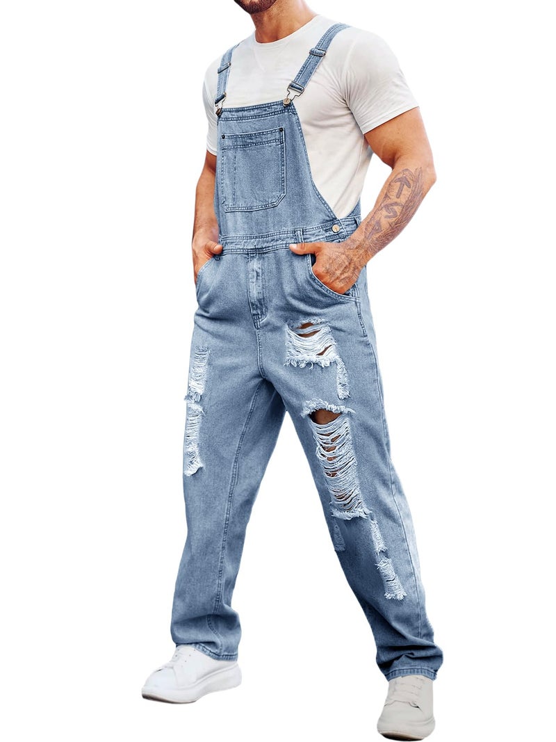 Runcati Mens Denim Bib Overalls Ripped Jeans Fashion Boot Cut Casual Slim Fit Adjustable Straps Jumpsuit