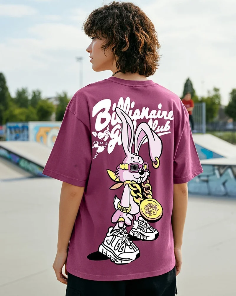 بيواكوف تيشيرت نسائي كبير مطبوع برسومات نادي المليونيرات للبنات باللون البنفسجي