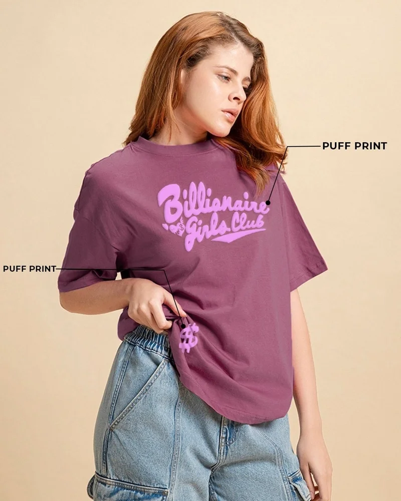 bewakoof Women's Purple Billionaire Girls Club Graphic Printed Oversized T-shirt