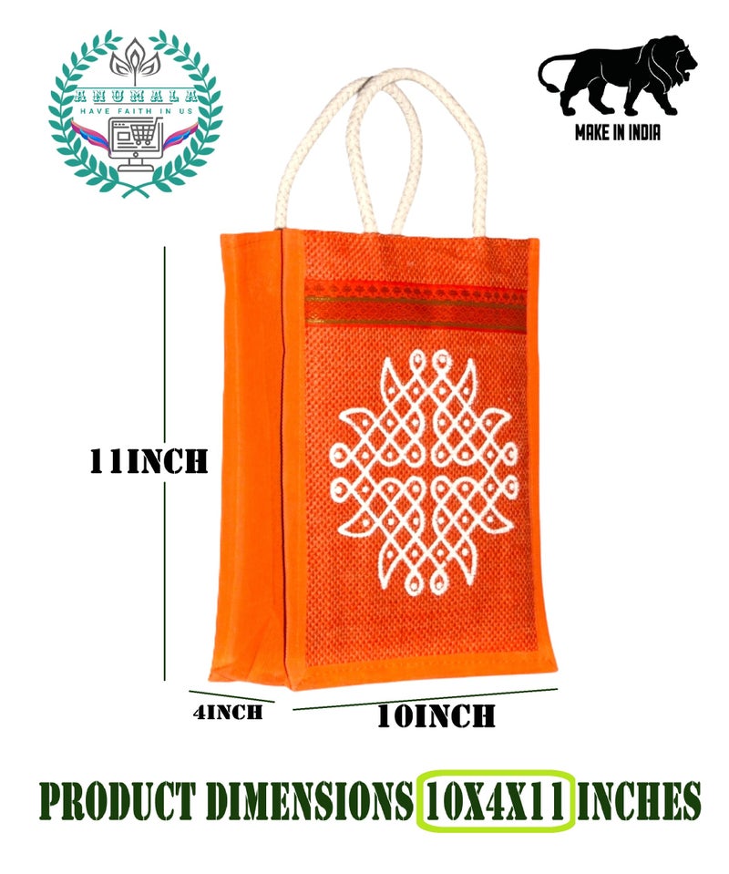 Anumala® Jute Bags with Contrast Kolam print | Thamboolam and Jute Bags Wedding Return Gifts| Birthday Return Gifts| Event Return gifts Bag| Multicolor (10x4x11) inches. (Pack Of 12) - Image 3