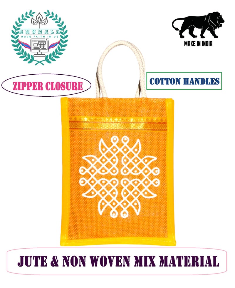 Anumala® Jute Bags with Contrast Kolam print | Thamboolam and Jute Bags Wedding Return Gifts| Birthday Return Gifts| Event Return gifts Bag| Multicolor (10x4x11) inches. (Pack Of 12) - Image 5
