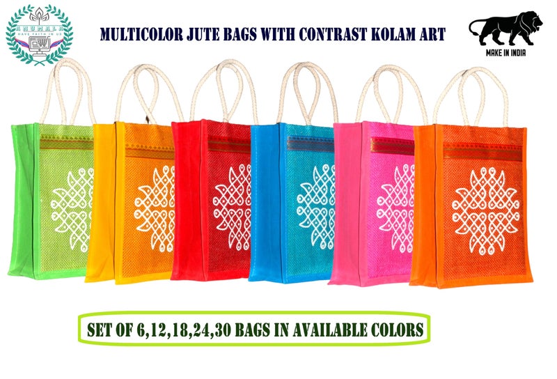 Anumala® Jute Bags with Contrast Kolam print | Thamboolam and Jute Bags Wedding Return Gifts| Birthday Return Gifts| Event Return gifts Bag| Multicolor (10x4x11) inches. (Pack Of 12) - Image 4