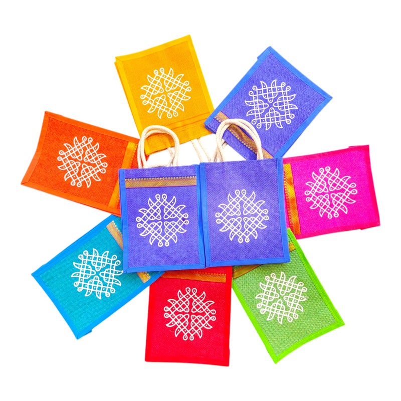Anumala® Jute Bags with Contrast Kolam print | Thamboolam and Jute Bags Wedding Return Gifts| Birthday Return Gifts| Event Return gifts Bag| Multicolor (10x4x11) inches. (Pack Of 12) - Image 2