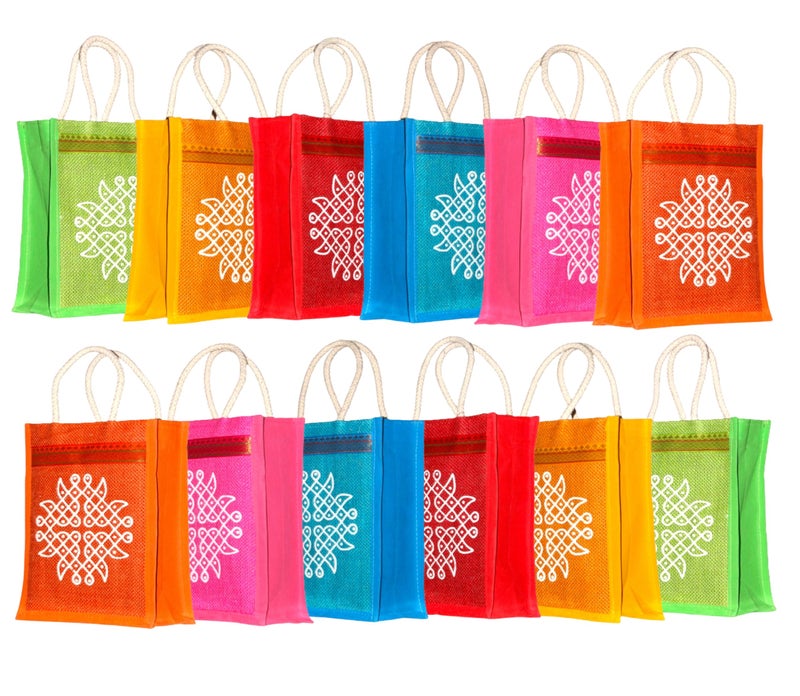 Anumala® Jute Bags with Contrast Kolam print | Thamboolam and Jute Bags Wedding Return Gifts| Birthday Return Gifts| Event Return gifts Bag| Multicolor (10x4x11) inches. (Pack Of 12) - Image 1