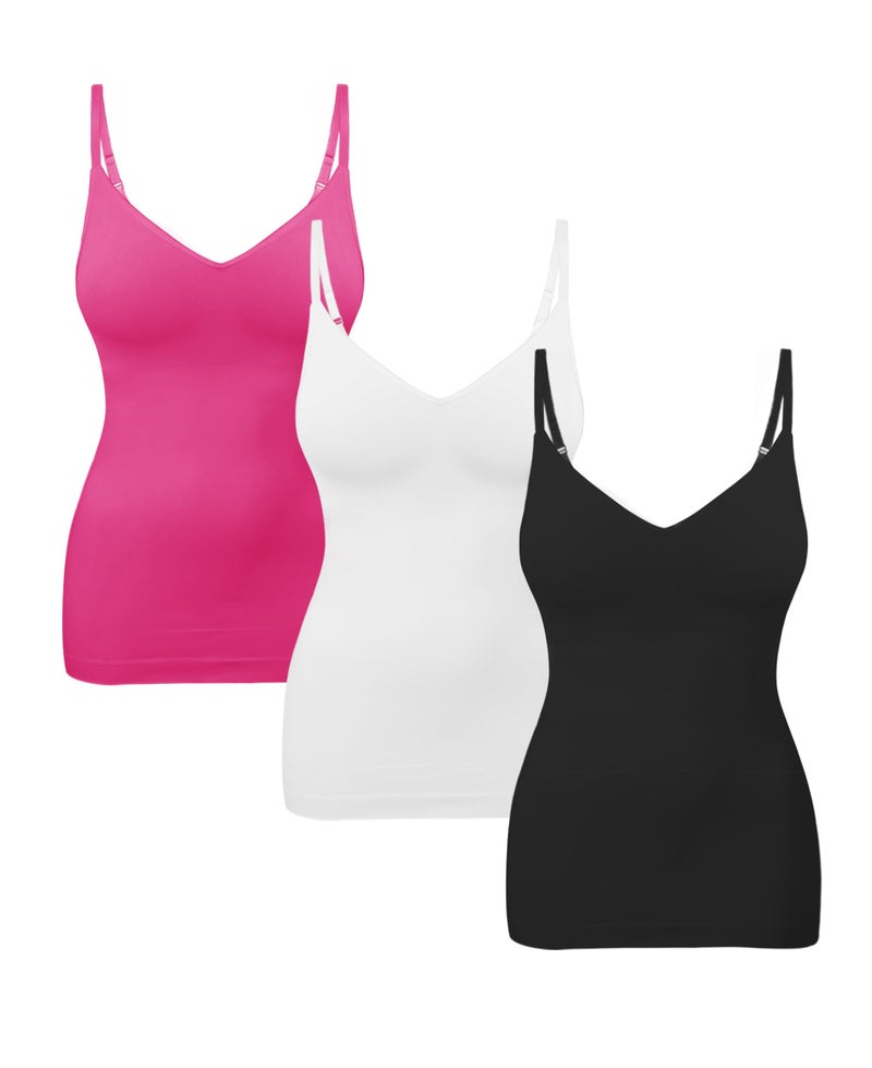 EUYZOU Womens 3PK Tummy Control Shapewear Tank Tops Seamless V-Neck Compression Tank Tops Body Shaper Camisole, Black/White/Rose L - Image 1