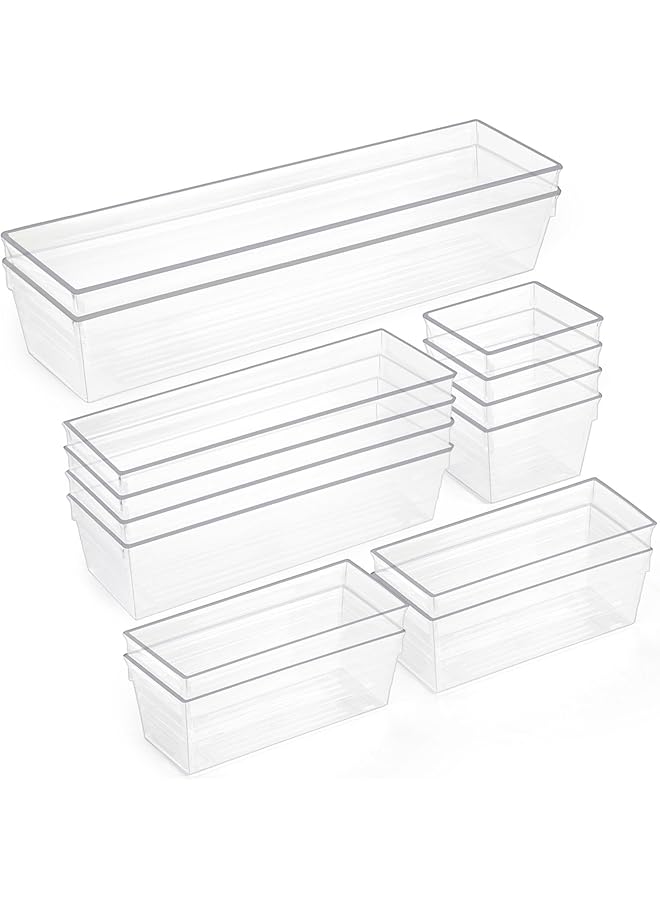 سكاي تاتش 14 قطعة من منظمات الأدراج البلاستيكية الشفافة لتخزين المكياج، 4 أحجام من صواني تقسيم منظم التخزين للمطبخ والحمام وأدوات المكياج والمكتب - Image 1