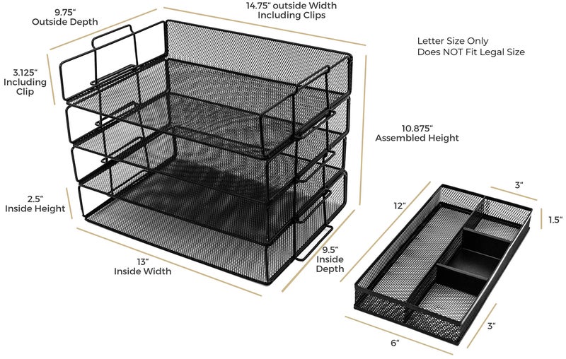 Blu Monaco Desk Organizers - 4-Tier Stackable Paper Tray - Black Metal Mesh Letter Tray File Holder Organizer - Image 4
