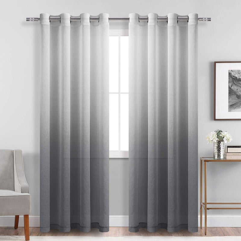 DWCN Faux Linen Grey Ombre Sheer Curtains  Gradient Semi Voile Drapes Bedroom and Living Room Curtains Set of 2 Grommet Top Window Curtain Panels 52 x 90 Inch Length