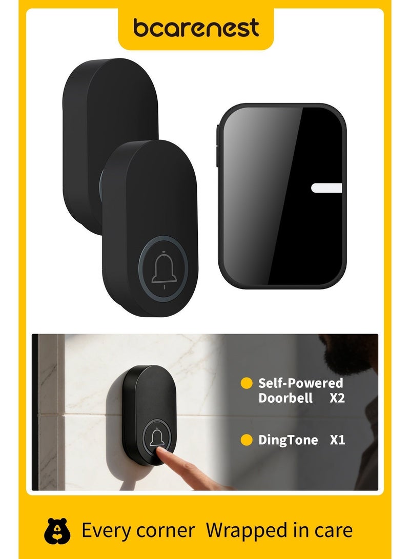 Bcarenest Wireless doorbell, self-generating doorbell, call button, with two doorbell receivers and one doorbell transmitter (black) - Image 1