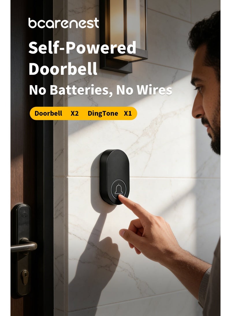 Bcarenest Wireless doorbell, self-generating doorbell, call button, with two doorbell receivers and one doorbell transmitter (black) - Image 2