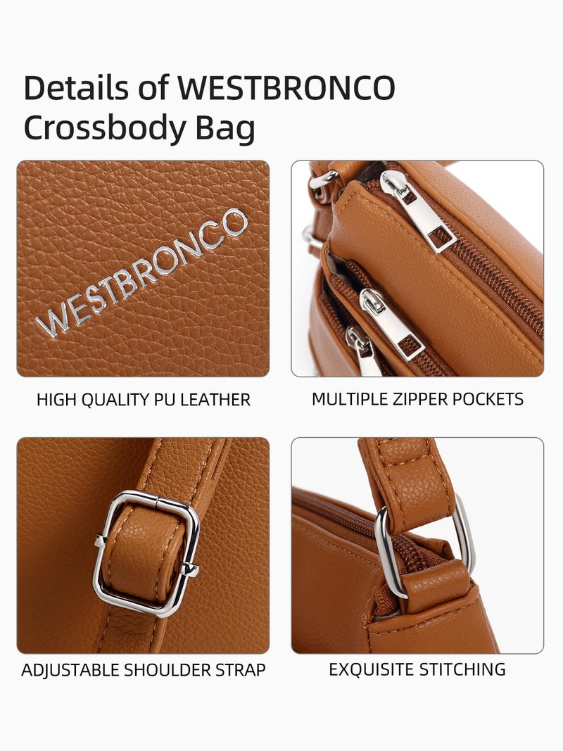 WESTBRONCO Crossbody Bags for Women, Medium Size Shoulder Handbags, Satchel Purse with Multi Zipper Pocket Bright Brown - Image 4