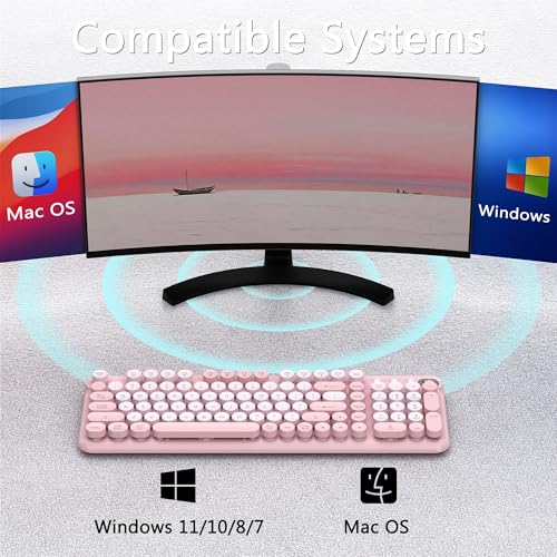 Links9+ Wireless Bluetooth Keyboard, Retro Round Typewriter Keyboard, Dual Mode Bluetooth & 2.4GHz Receiver, Compatible with Windows, macOS, iPad, Android, Laptops, and Tablets (Pink) - Image 3