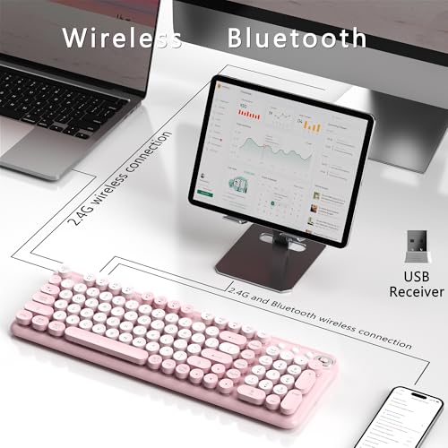 Links9+ Wireless Bluetooth Keyboard, Retro Round Typewriter Keyboard, Dual Mode Bluetooth & 2.4GHz Receiver, Compatible with Windows, macOS, iPad, Android, Laptops, and Tablets (Pink) - Image 4