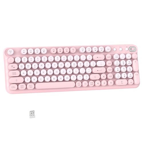 Links9+ Wireless Bluetooth Keyboard, Retro Round Typewriter Keyboard, Dual Mode Bluetooth & 2.4GHz Receiver, Compatible with Windows, macOS, iPad, Android, Laptops, and Tablets (Pink) - Image 1