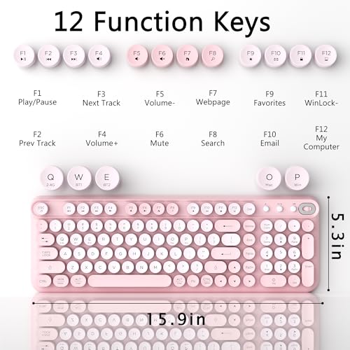 Links9+ Wireless Bluetooth Keyboard, Retro Round Typewriter Keyboard, Dual Mode Bluetooth & 2.4GHz Receiver, Compatible with Windows, macOS, iPad, Android, Laptops, and Tablets (Pink) - Image 5