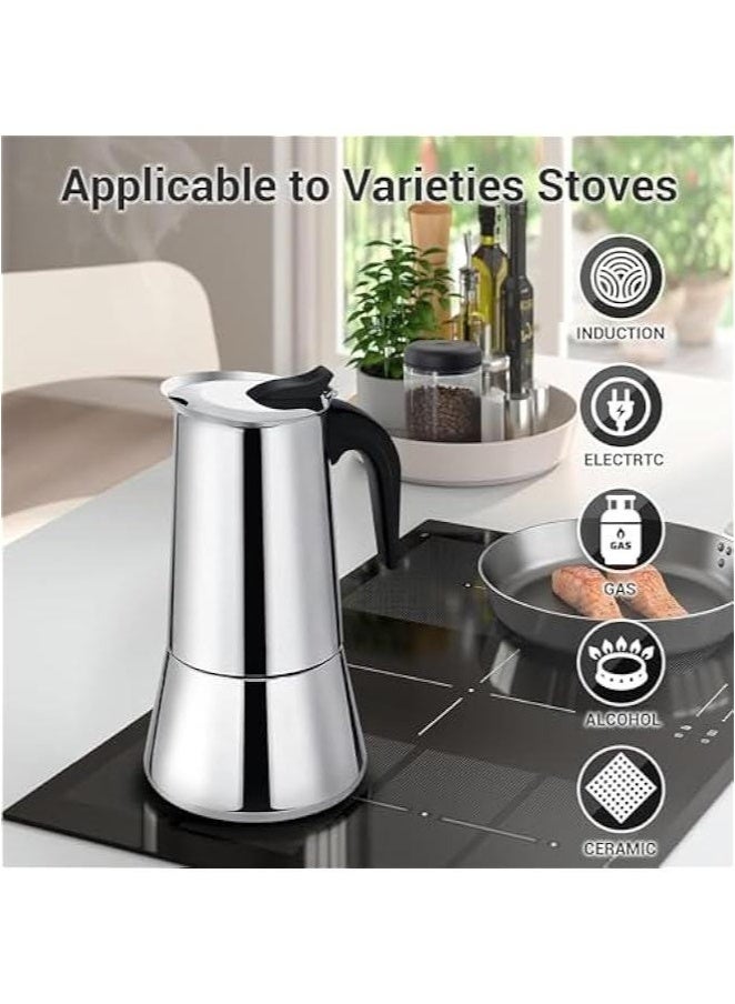 هوكور ماكينة قهوة كهربائية من الفولاذ المقاوم للصدأ، وعاء قهوة موكا، جهاز تحضير قهوة اسبريسو لاتيه، جهاز تحضير قهوة بفلتر على الموقد، وعاء قهوة كبير الحجم لستة أشخاص، بمقبض، مناسب لموقد غاز أو كهربائي سيراميك للتخييم، جهاز تحضير قهوة كوبي يدوي للكابتشينو أو لاتيه، 6 أكواب، 20.5 × 10 سم، فضي - Image 2