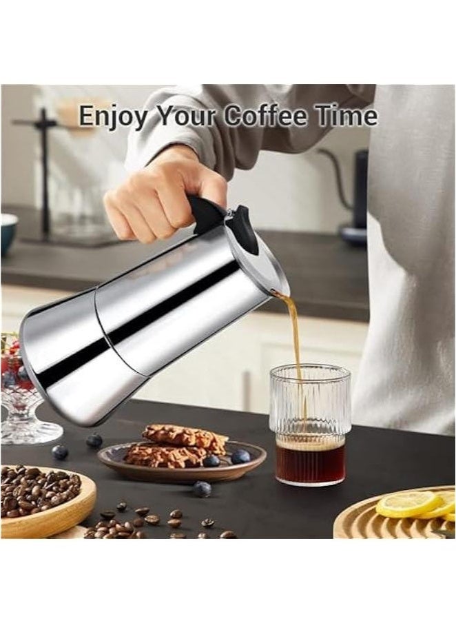 هوكور ماكينة قهوة كهربائية من الفولاذ المقاوم للصدأ، وعاء قهوة موكا، جهاز تحضير قهوة اسبريسو لاتيه، جهاز تحضير قهوة بفلتر على الموقد، وعاء قهوة كبير الحجم لستة أشخاص، بمقبض، مناسب لموقد غاز أو كهربائي سيراميك للتخييم، جهاز تحضير قهوة كوبي يدوي للكابتشينو أو لاتيه، 6 أكواب، 20.5 × 10 سم، فضي - Image 3