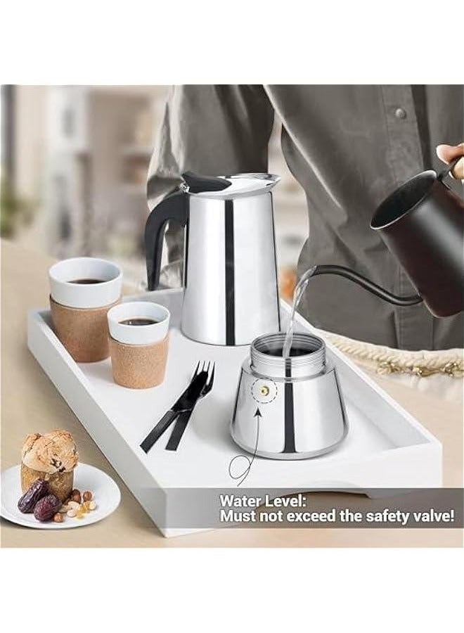 هوكور ماكينة قهوة كهربائية من الفولاذ المقاوم للصدأ، وعاء قهوة موكا، جهاز تحضير قهوة اسبريسو لاتيه، جهاز تحضير قهوة بفلتر على الموقد، وعاء قهوة كبير الحجم لستة أشخاص، بمقبض، مناسب لموقد غاز أو كهربائي سيراميك للتخييم، جهاز تحضير قهوة كوبي يدوي للكابتشينو أو لاتيه، 6 أكواب، 20.5 × 10 سم، فضي - Image 4
