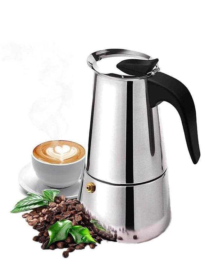 هوكور ماكينة قهوة كهربائية من الفولاذ المقاوم للصدأ، وعاء قهوة موكا، جهاز تحضير قهوة اسبريسو لاتيه، جهاز تحضير قهوة بفلتر على الموقد، وعاء قهوة كبير الحجم لستة أشخاص، بمقبض، مناسب لموقد غاز أو كهربائي سيراميك للتخييم، جهاز تحضير قهوة كوبي يدوي للكابتشينو أو لاتيه، 6 أكواب، 20.5 × 10 سم، فضي - Image 1