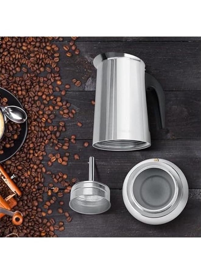 هوكور ماكينة قهوة كهربائية من الفولاذ المقاوم للصدأ، وعاء قهوة موكا، جهاز تحضير قهوة اسبريسو لاتيه، جهاز تحضير قهوة بفلتر على الموقد، وعاء قهوة كبير الحجم لستة أشخاص، بمقبض، مناسب لموقد غاز أو كهربائي سيراميك للتخييم، جهاز تحضير قهوة كوبي يدوي للكابتشينو أو لاتيه، 6 أكواب، 20.5 × 10 سم، فضي - Image 5