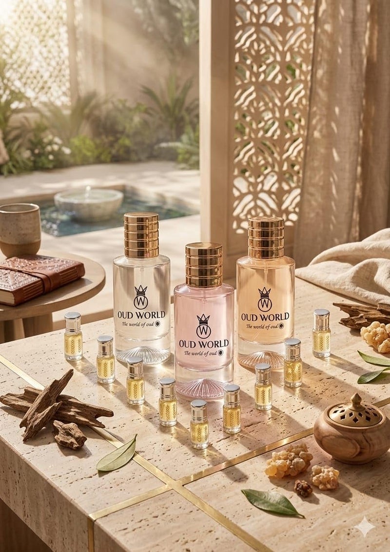 Oud World مجموعة عود وورلد - 12 عبوة كومبو - كمثرى فواكه، ألدهايدز منعشة ونوتات ياسمين مع مسك ناعم وقاعدة خشب كشمير - ثلاثي عطور مميز للرجال والنساء - Image 2