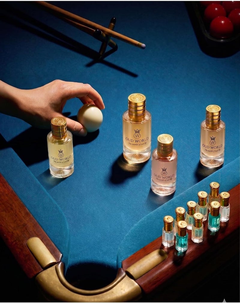 Oud World مجموعة عود وورلد - 12 عبوة كومبو - كمثرى فواكه، ألدهايدز منعشة ونوتات ياسمين مع مسك ناعم وقاعدة خشب كشمير - ثلاثي عطور مميز للرجال والنساء - Image 1