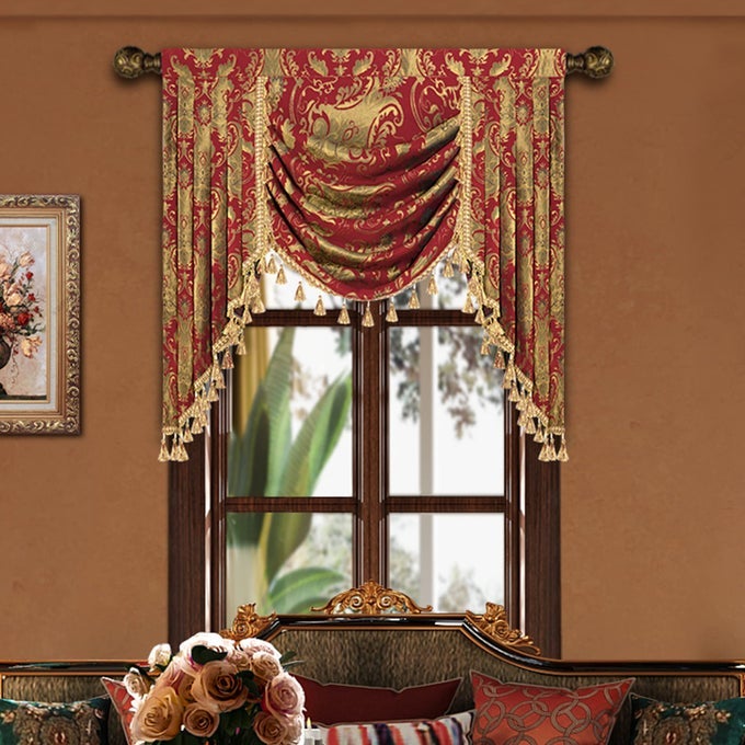 LUXURY WATERFALL VALANCE FOR LIVING ROOM CLASSIC DAMASK JACQUARD SWAG VALANCES WITH TASSELS RED SWAG CURTAINS FOR BEDROOM BANQUET CHRISTMAS DECOR ROD POCKETW39INCH1 PANEL